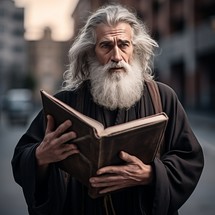 A monk with a long beard is deeply engrossed in reading the Bible while standing on the street, his weathered features expressing age and depth