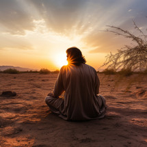 A man in the desert, on his knees, hands raised, seeking divine intervention