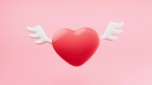 Loop animation of love heart flying with wings, 3d rendering.
