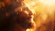 Jesus Christ complete spiritual healing meditation and restauration. Bright light comes from the Lord. The face and eyes of Jesus Christ. 