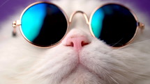 Very closeup view of amazing domestic pet in mirror round fashion sunglasses is isolated on violet wall. Furry cat licks nose in studio. Animals, friends, home concept.