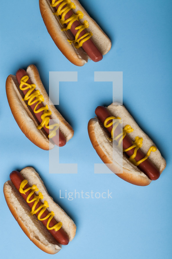 Hot dogs and buns drizzled with mustard on a blue background.