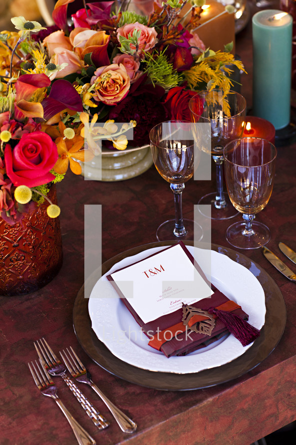 Fancy place setting fall table design florals