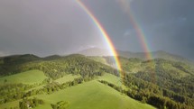 Beautiful double rainbow moving over fresh green forest landscape in sunny summer evening after rain 
