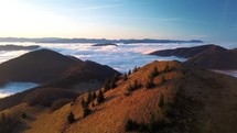 Colorful morning in alpine mountains nature above foggy clouds in sunny autumn landscape Aerial view

