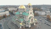 Aerial Drone view in 4K of the st alexander nevsky cathedral in Sofia, Bulgaria