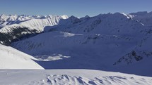 Panorama of Winter alps mountains landscape in beautiful sunny day in frozen snowy nature
