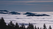 Foggy clouds moving fast in forest mountain valley nature Time lapse
