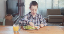 Child nutrition - young boy eating breakfast with healthy food