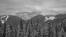 Thick clouds over the mountains in a winter landscape with spruce trees