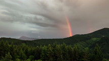 Rainbow over forest time lapse. Sky after rain
