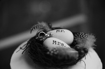 wedding bands on eggs in a birds nest 