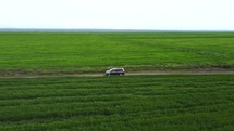 Car driving in field aerial view	