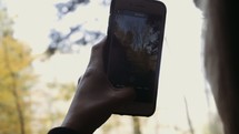 a woman filming a fall forest with her phone 