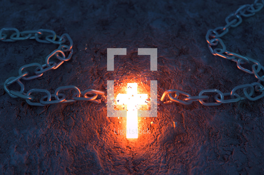 A bright glowing cross is breaking a metal chain
