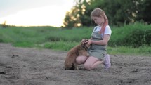 A girl caresses her beloved puppy.