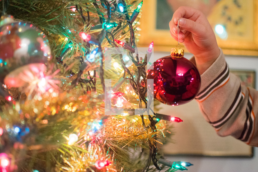 A child hangs a bulb on a lit Christmas tree