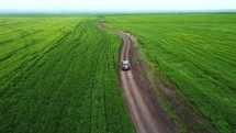 Car driving in field aerial view	