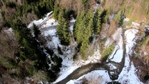 Beautiful River within the forest - aerial top down drone shot