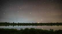 Starry night sky with stars moving fast over calm lake water in New Zealand Astronomy Time lapse
