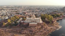 Fly over Jaswant Thada, famous cenotaph in Jodhpur, Rajasthan. Sprawling cityscape