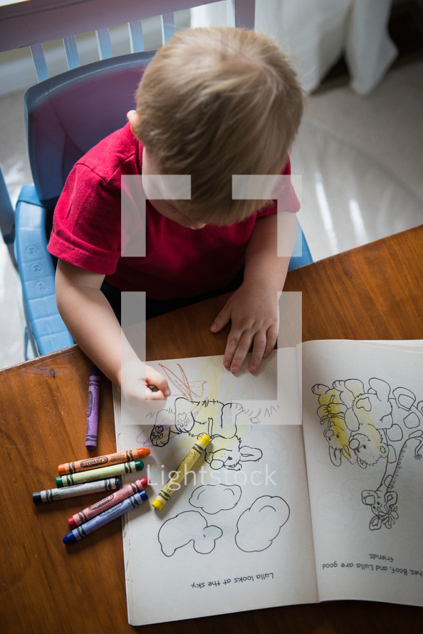 A child draws in a coloring book.
