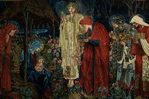 A tapestry of baby Jesus and Mary receiving gifts