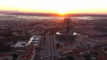 Mystic foggy aerial shot of Arles modern building Luma foundation sunrise