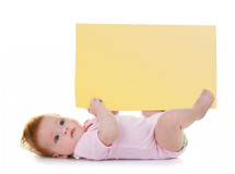 Little baby girl keeps a signpost blank to customize on white background