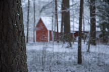red barn in snow 