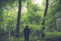 a man standing alone in a forest 