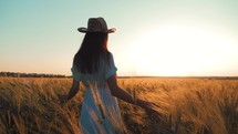 Woman in a blue dress walks along a wheat field and touches spikelets of wheat with her hand in a sunset light. Free woman relax in beautiful wheat field. Wheat cultivation.
