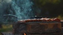 Sausages cooking on a BBQ grill, barbecue picnic outdoors barbeque smoked food, meat pork
