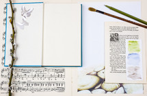 seabird collage, feather, pussy willow, sheet music, collage, collection, trinkets, memories, paint brush, seabird, bird,  journal 