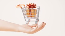 Loop animation of shopping cart in a hand, 3d rendering.
