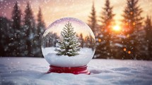 Snow Ball With Christmas Tree In It And Lights On Winter Background