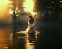 Baptism. Young woman in a long white dress standing in a lake at sunset