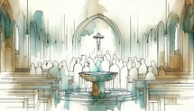 Watercolor painting of Baptism in a Church