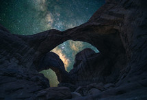 looking up at stars in the night sky under rock arches 