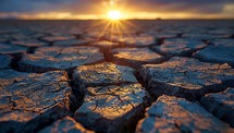 Dry cracked earth at sunset. Global warming and climate change concept