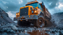 Large mining truck swiftly transports ore in a vast open pit mine.