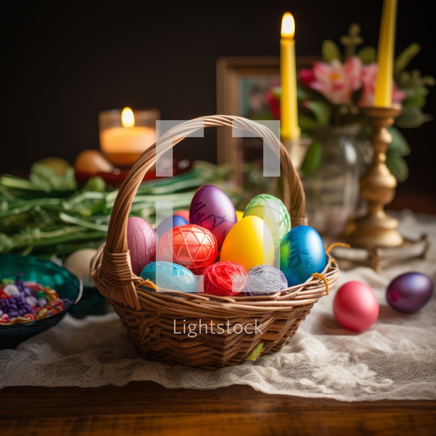 A festive arrangement of Easter eggs in a woven basket, accompanied by the warm glow of a lit church candle