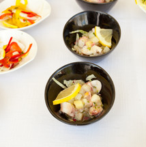 Buffet bowls with a variety of fish and shellfish finger food
