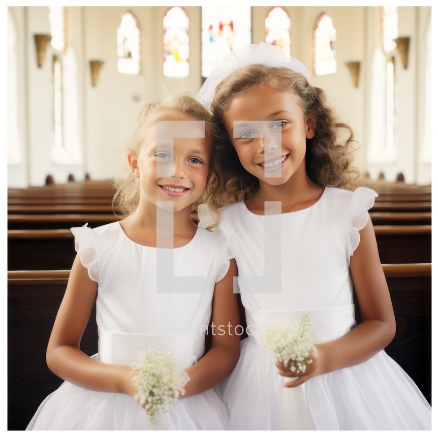A solemn moment as young girls in white dresses participate in their first communion at a beautifully decorated church