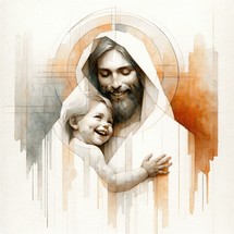 Digital illustration of Jesus Christ with baby Jesus on his chest, smiling.