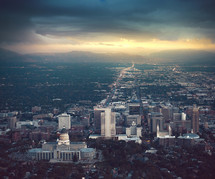 aerial view over Salt Lake City skyline in Utah during sunset