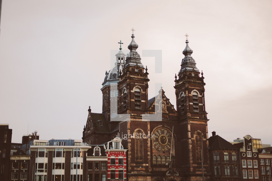 row houses and a cathedral in the Netherlands 