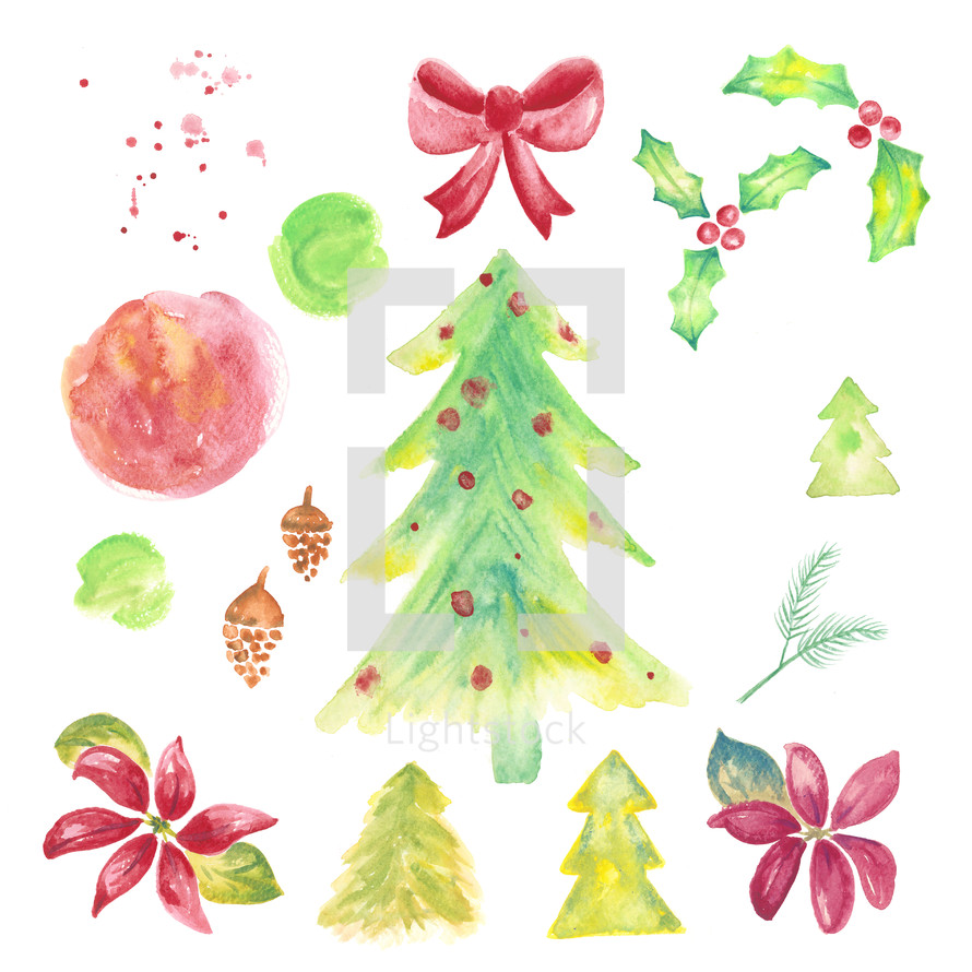 Christmas water color holiday pack with holly, poinsettias, pine cones, trees, brush texture, splatters and a bow ribbon.