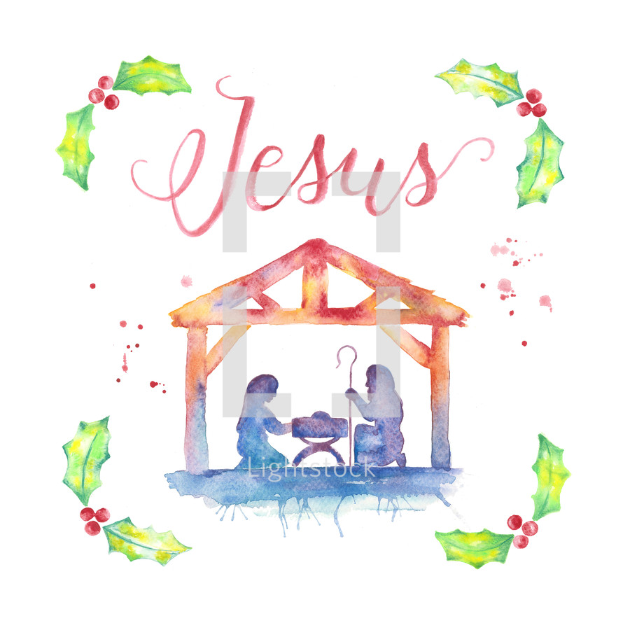  Christmas nativity with Jesus hand lettering, Mary, Joseph, manger and water color holly, and splatters.