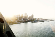 View of a city of San Francisco from bay bridge at sunset